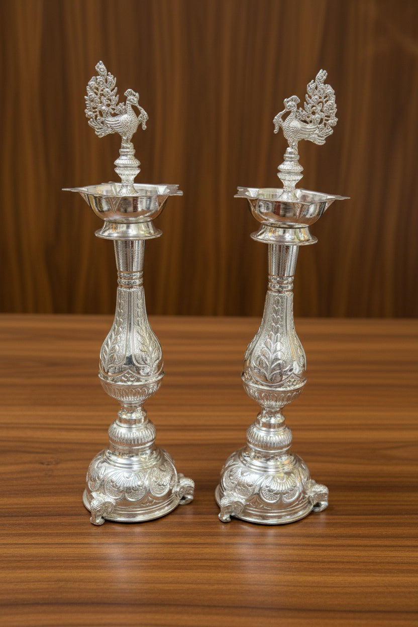 German Silver Peacock Diya with Elephant Motifs – 20 Inch Pooja & Festive Décor