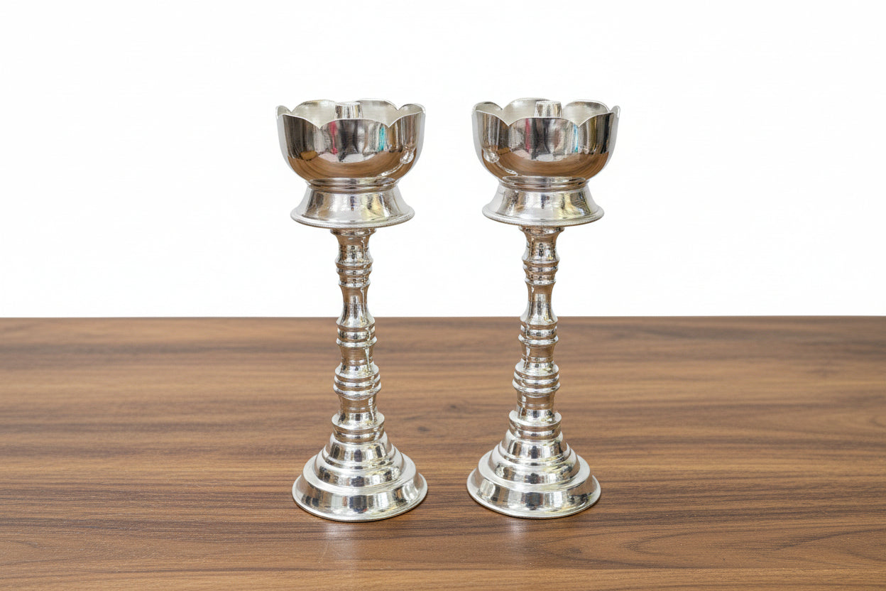 German Silver Flower Diya Pair – Elegant Antique Finish Pooja & Festive Décor