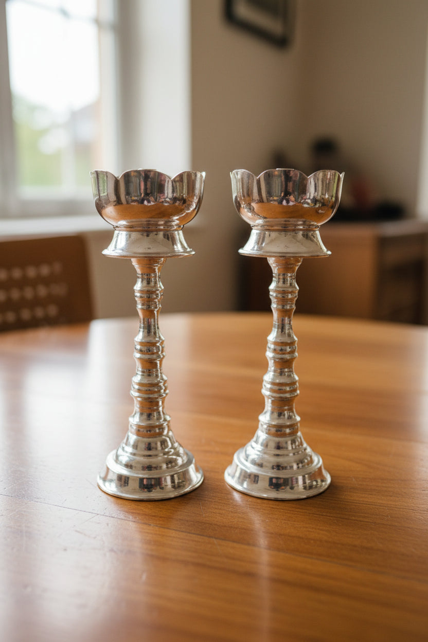German Silver Flower Diya Pair – Elegant Antique Finish Pooja & Festive Décor