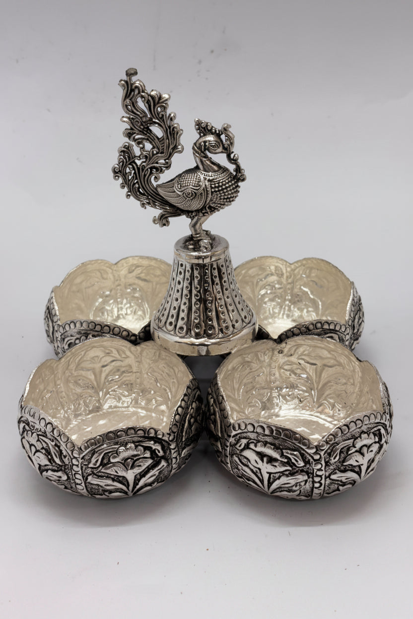 Pure Silver Plated Antique German Silver Panchawala( kumkum bowl set) with 4 Cups & Peacock Head – Elegant Pooja Décor