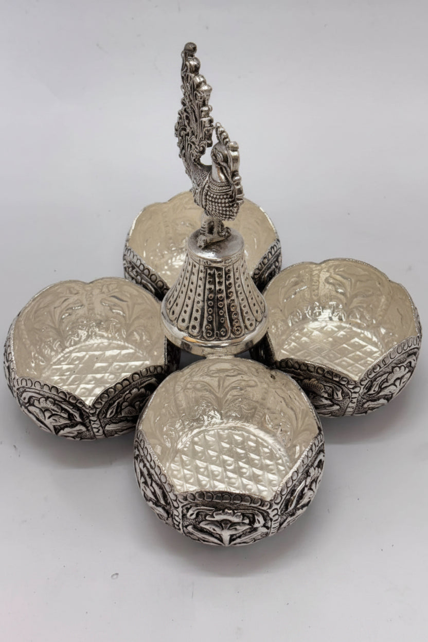Pure Silver Plated Antique German Silver Panchawala( kumkum bowl set) with 4 Cups & Peacock Head – Elegant Pooja Décor
