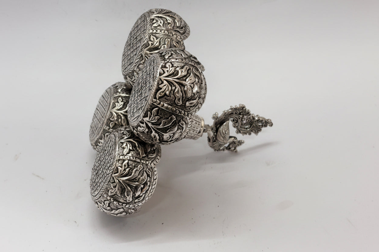 Pure Silver Plated Antique German Silver Panchawala( kumkum bowl set) with 4 Cups & Peacock Head – Elegant Pooja Décor