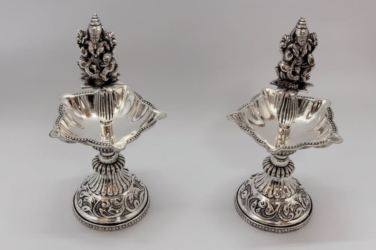 Pure Silver Plated Antique German Silver Lakshmi Diya – Elegant Pooja & Festive Décor