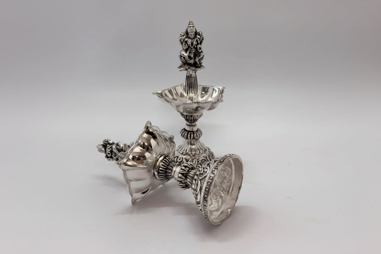 Pure Silver Plated Antique German Silver Lakshmi Diya – Elegant Pooja & Festive Décor
