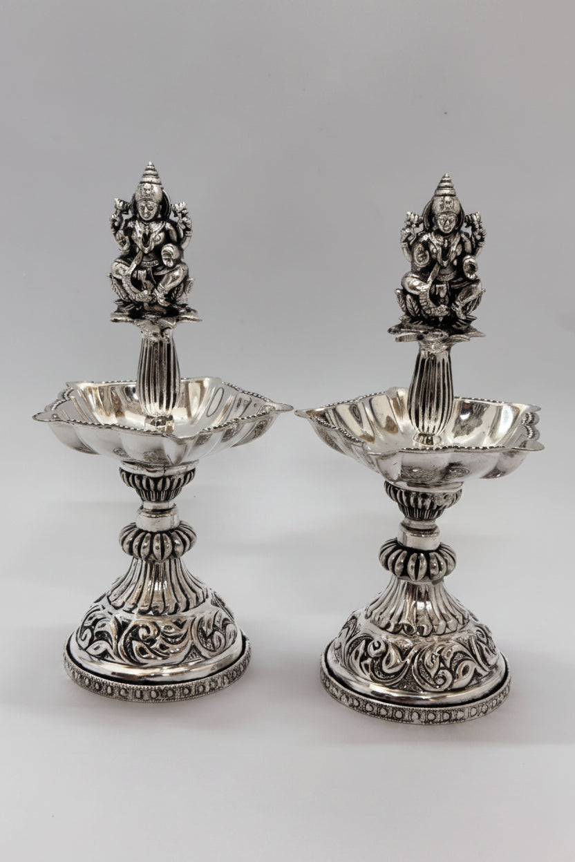 Pure Silver Plated Antique German Silver Lakshmi Diya – Elegant Pooja & Festive Décor