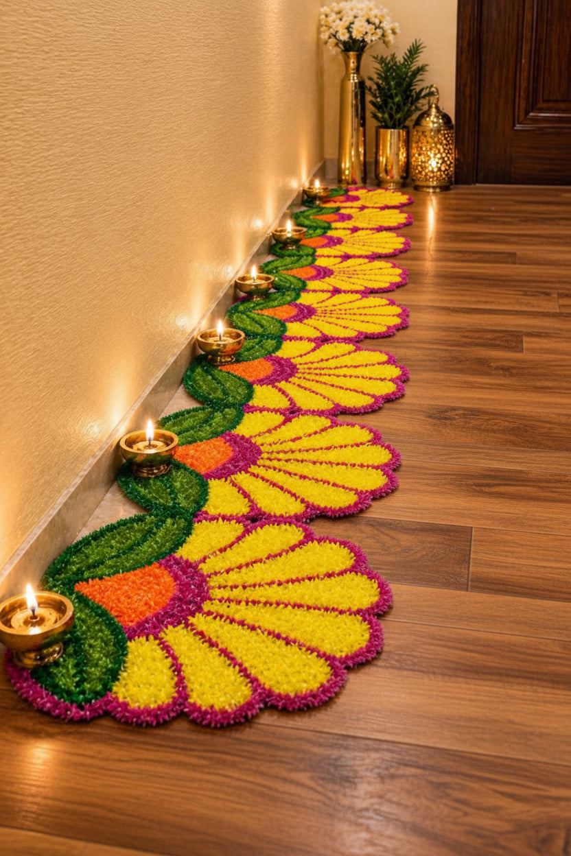 Premium Feather Yarn Flower & Leaf Design Mats – Set of 8 Elegant Festive Décor, yellow-pink