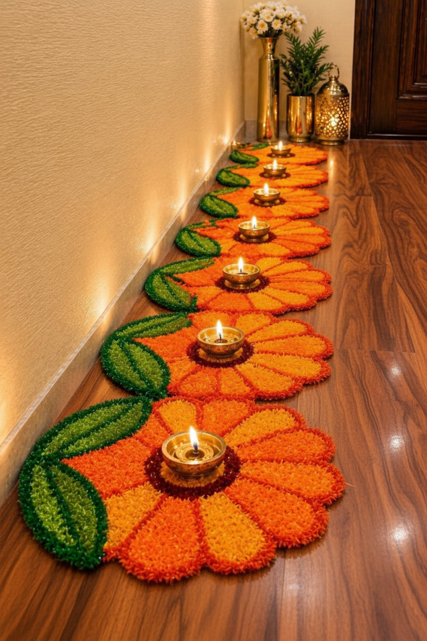 Premium Feather Yarn Flower & Leaf Design Mats – Set of 8 Elegant Festive Décor, orange