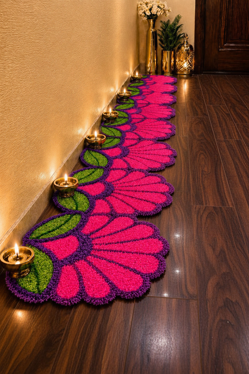 Premium Feather Yarn Flower & Leaf Design Mats – Set of 8 Elegant Festive Décor, pink