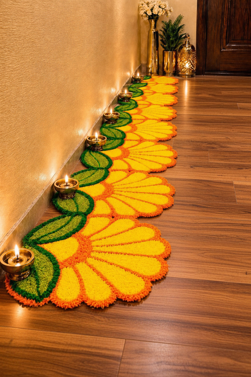 Premium Feather Yarn Flower & Leaf Design Mats – Set of 8 Elegant Festive Décor, yellow-orange