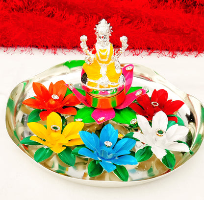 German silver small lotus sing Hasan at carving plate with 5 colorful parijat flower