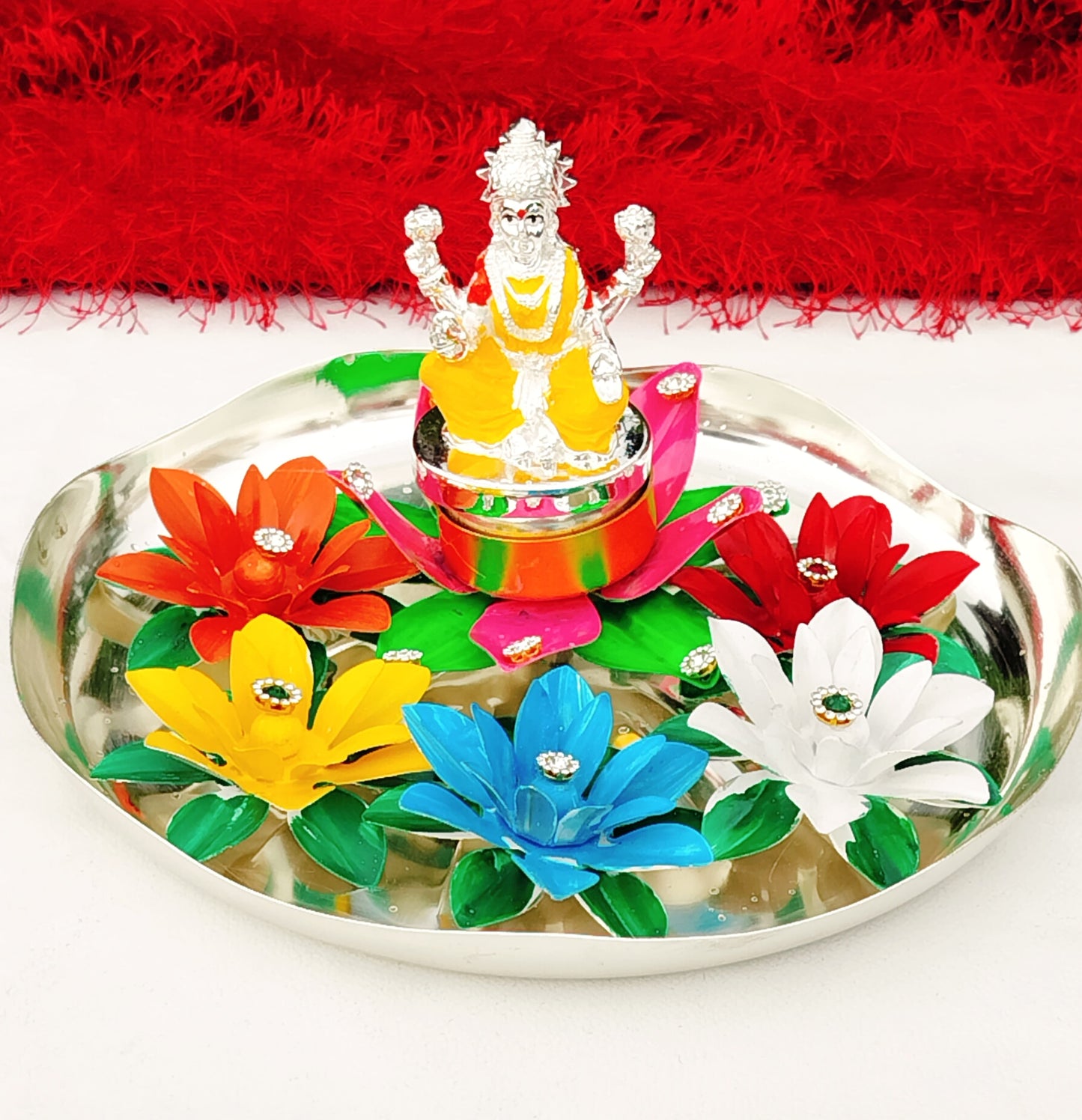 German silver small lotus sing Hasan at carving plate with 5 colorful parijat flower