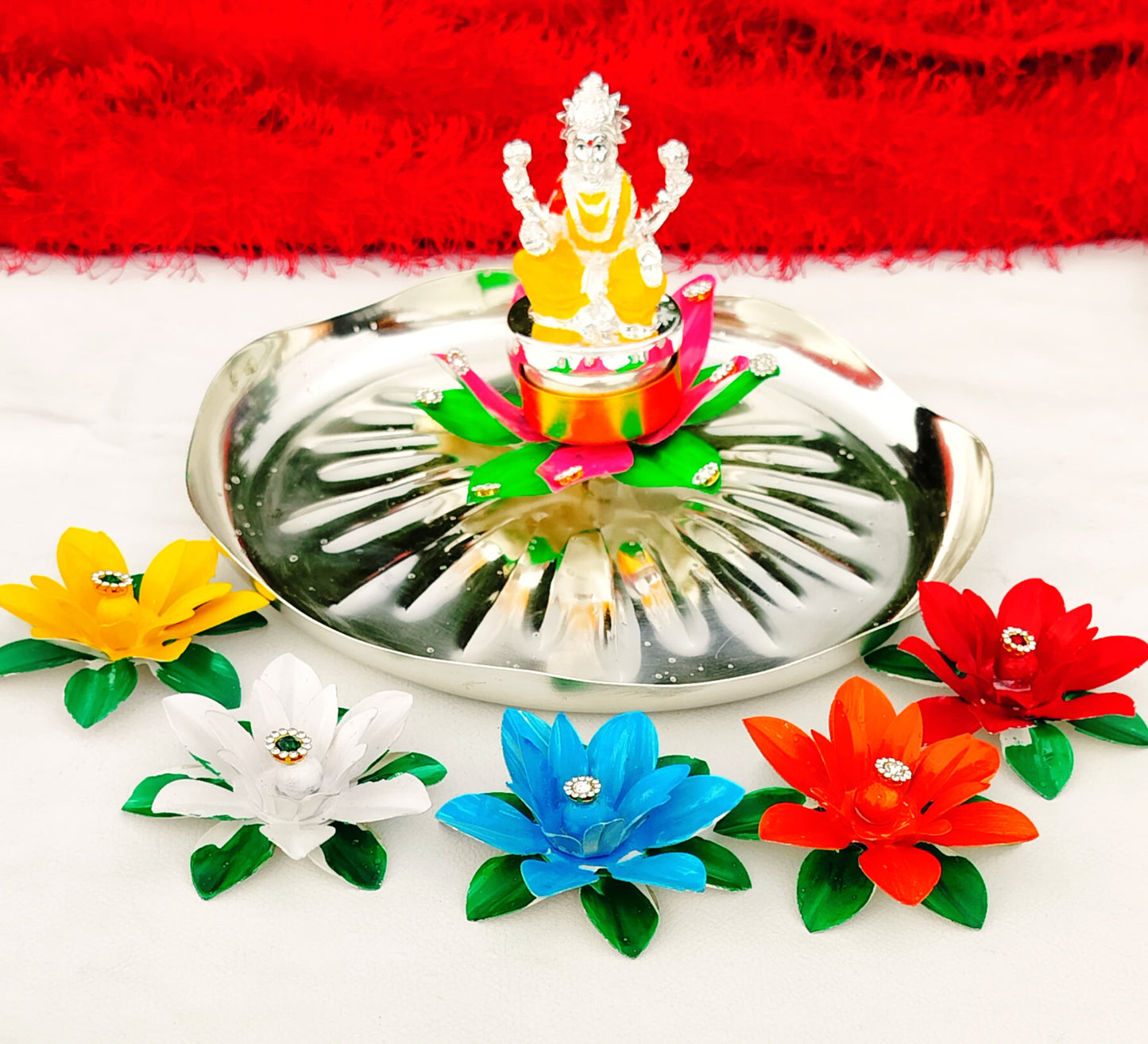 German silver small lotus sing Hasan at carving plate with 5 colorful parijat flower