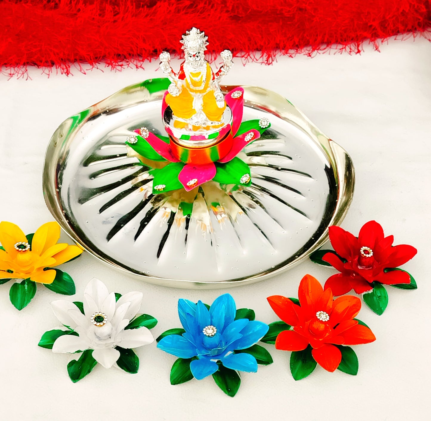 German silver small lotus sing Hasan at carving plate with 5 colorful parijat flower