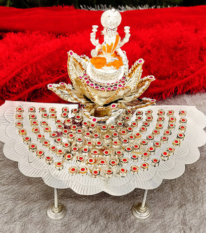 German silver 108 flower stand , Lotus sing Hasan with Laxmi idol & 108 flower for diwali/housewarming pooja