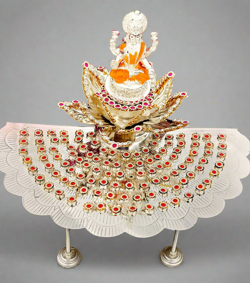 German silver 108 flower stand , Lotus sing Hasan with Laxmi idol & 108 flower