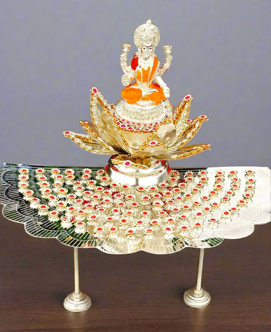 German silver 108 flower stand , Lotus sing Hasan with Laxmi idol & 108 flower