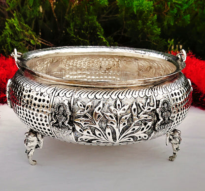 Antique finish German silver ashtalakshmi basket/ urli for fruits/snacks /home décor with 3 elephant  stand