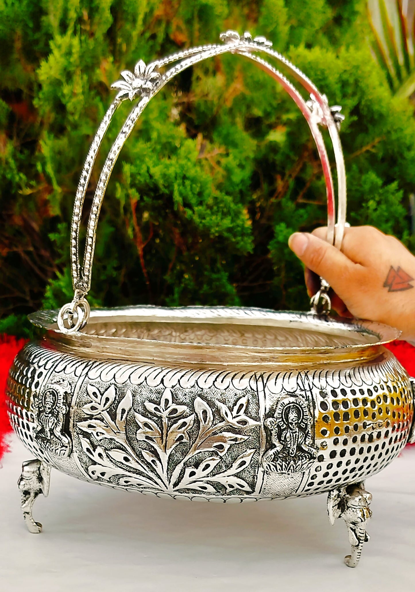 Antique finish German silver ashtalakshmi basket/ urli for fruits/snacks /home décor with 3 elephant  stand