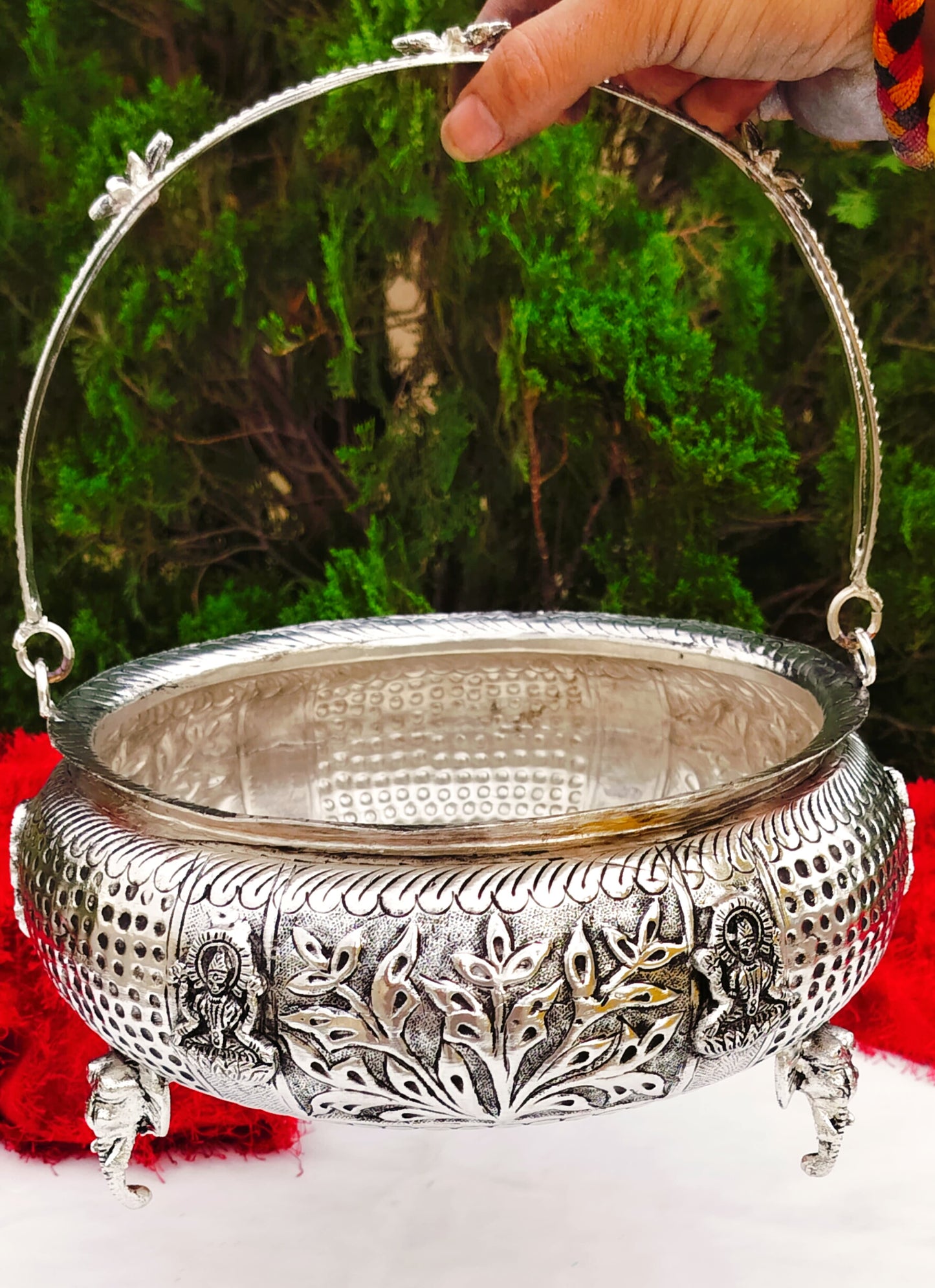 Antique finish German silver ashtalakshmi basket/ urli for fruits/snacks /home décor with 3 elephant  stand