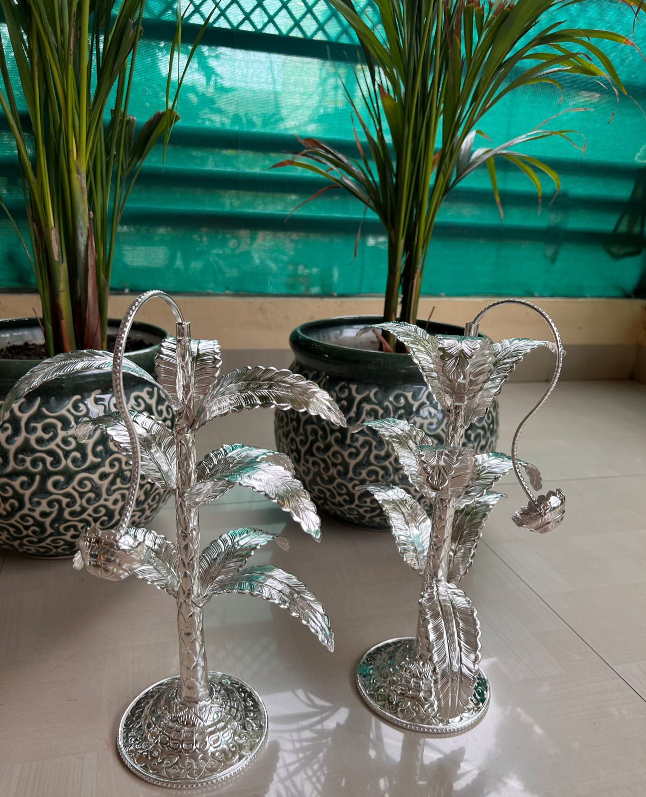 German Silver 14.5" Banana Tree Pair for Diwali Festival/Home décor/Housewarming Pooja