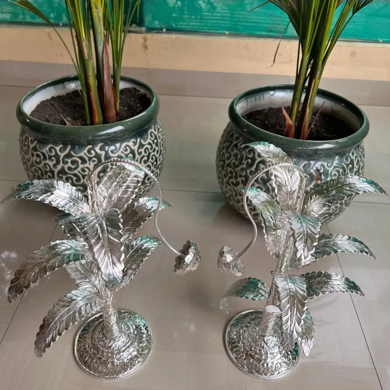 German Silver 14.5" Banana Tree Pair for Diwali Festival/Home décor/Housewarming Pooja