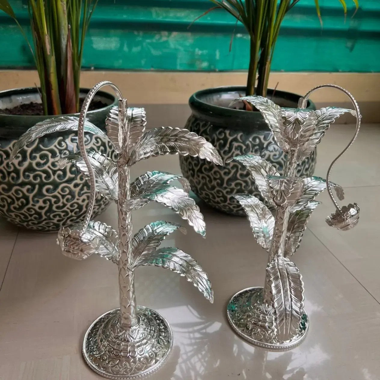 German Silver 14.5" Banana Tree Pair for Diwali Festival/Home décor/Housewarming Pooja