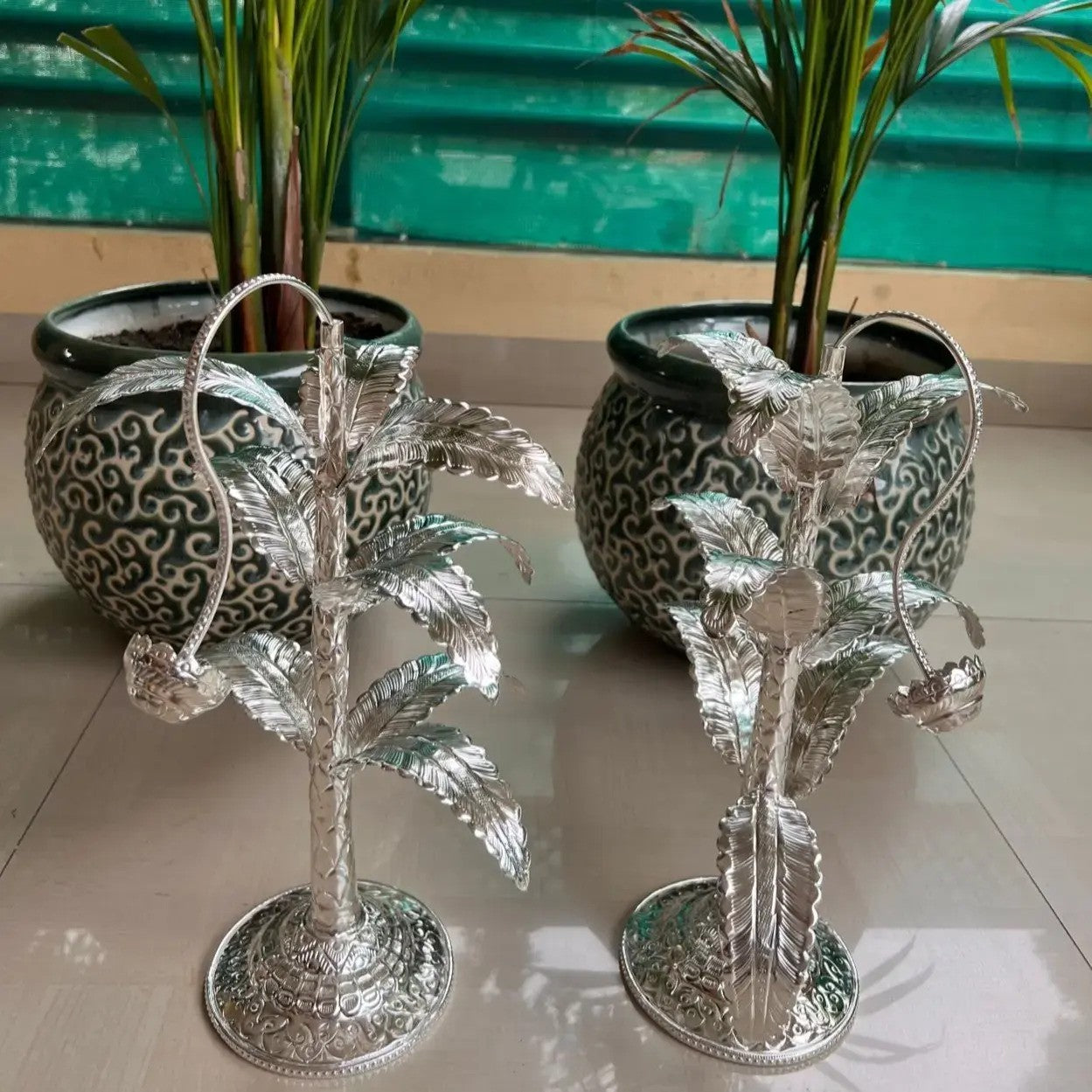 German Silver 14.5" Banana Tree Pair for Diwali Festival/Home décor/Housewarming Pooja