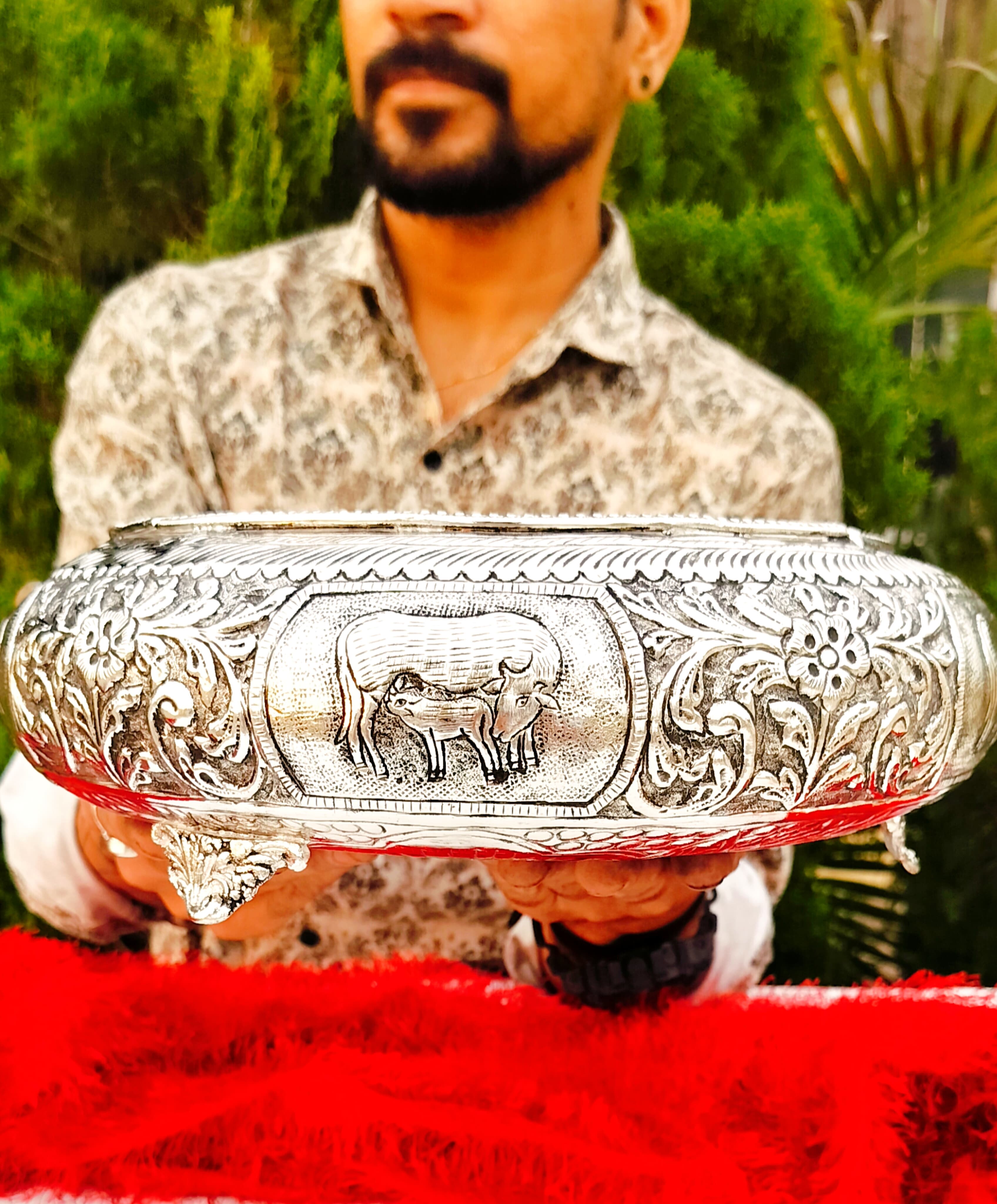 German silver cow and calf decorative bowl/urli with legs