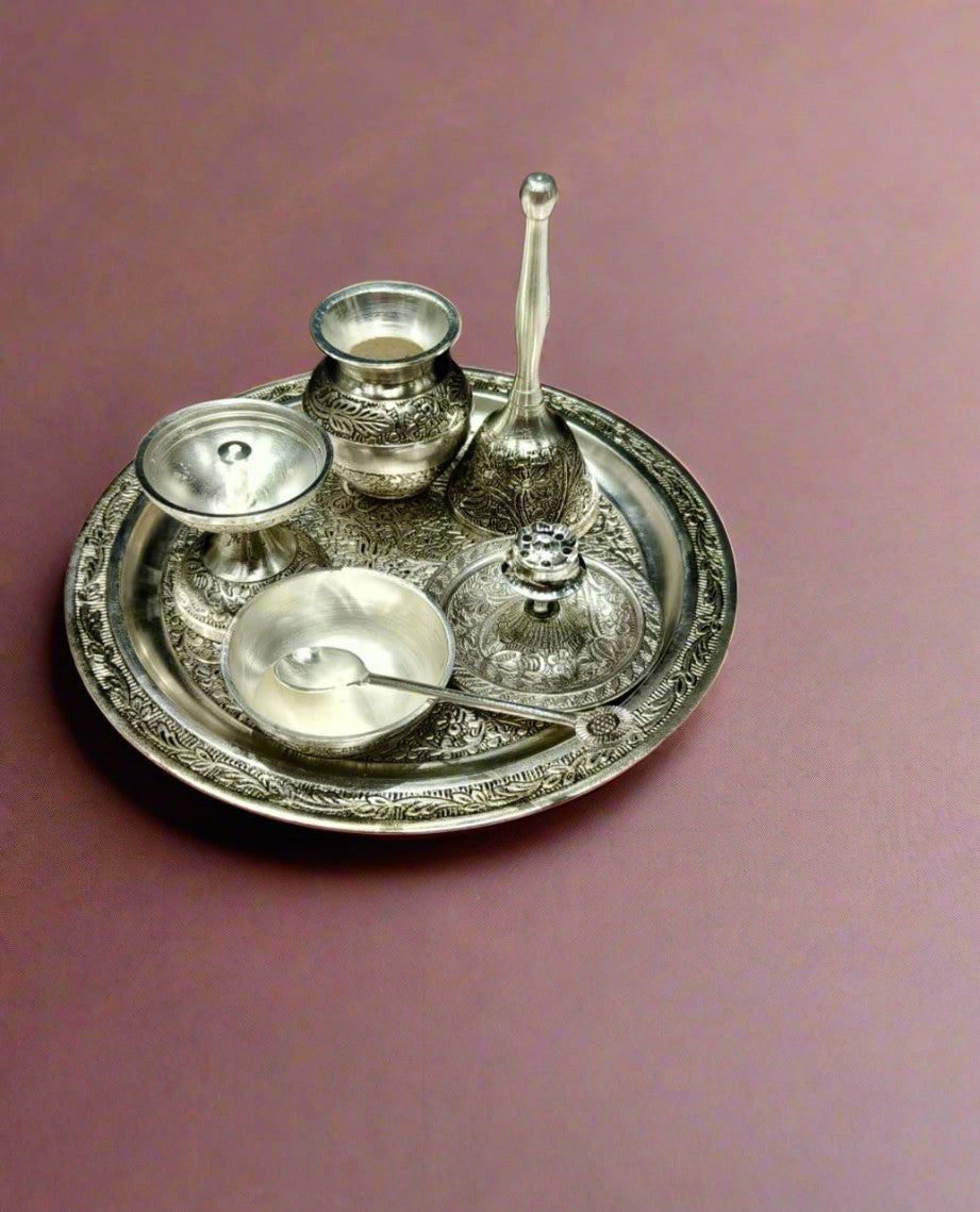 Antique Silver Plated Nakshi Work Pooja Thali Set of 7 pieces