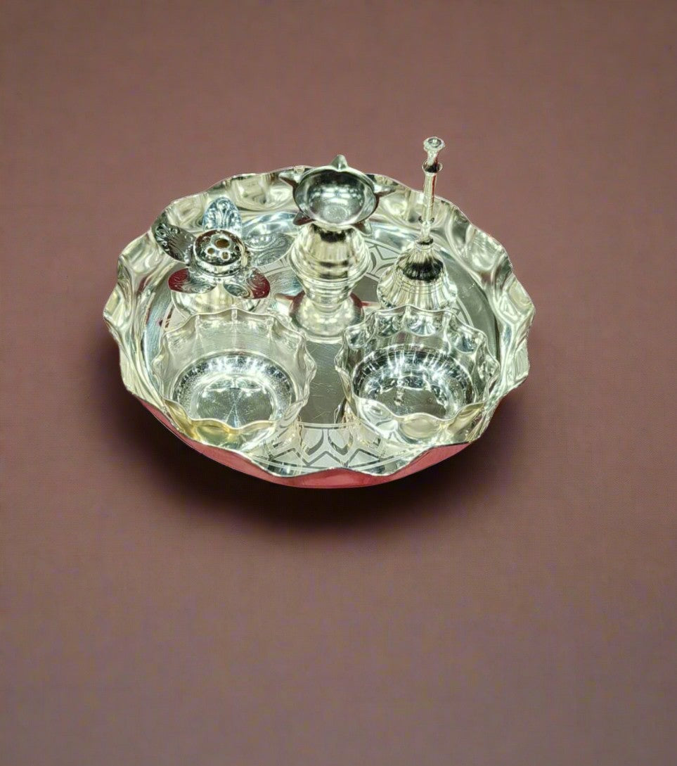 Silver Plated flower Pooja Thali Set of 6 pieces with gift box