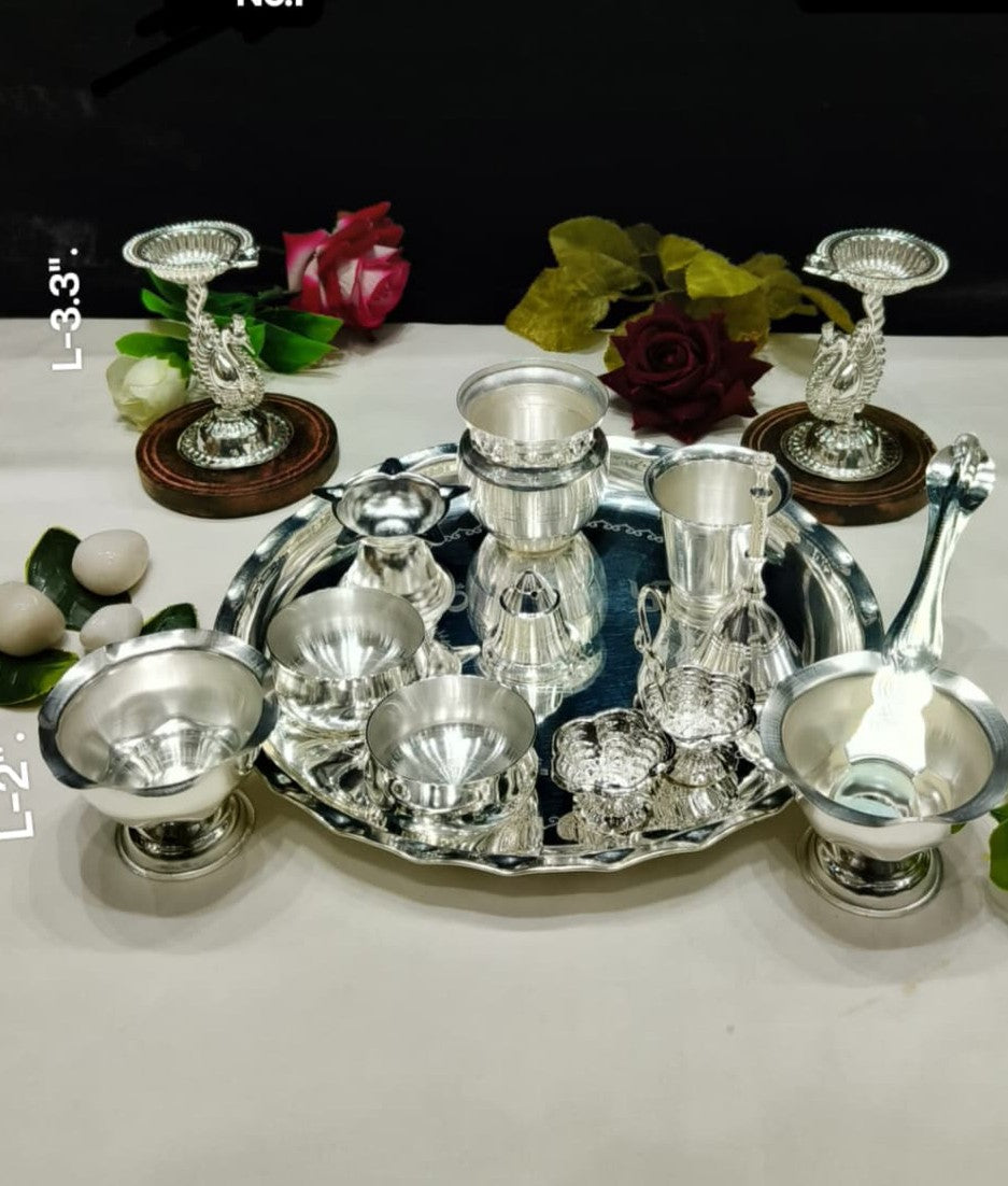 silver plated pooja thali set of 14 pieces for diwali/ housewarming