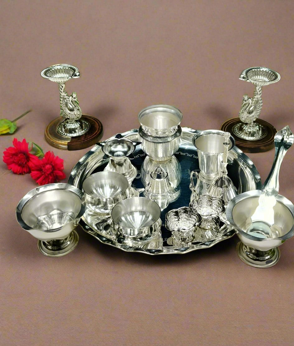 silver plated pooja thali set of 14 pieces for diwali/ housewarming