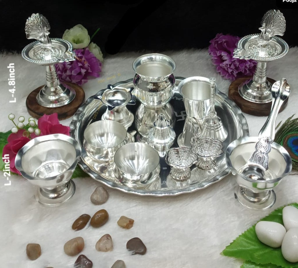 silver plated pooja thali set of 14 pieces for diwali pooja/ housewarming