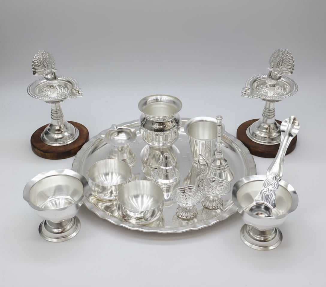 silver plated pooja thali set of 14 pieces for diwali pooja/ housewarming