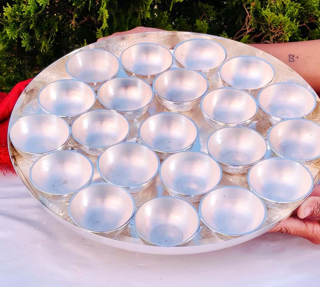 German silver bhog thali/ prasadam thali set with 21 nakkashi detachable bowl for pooja