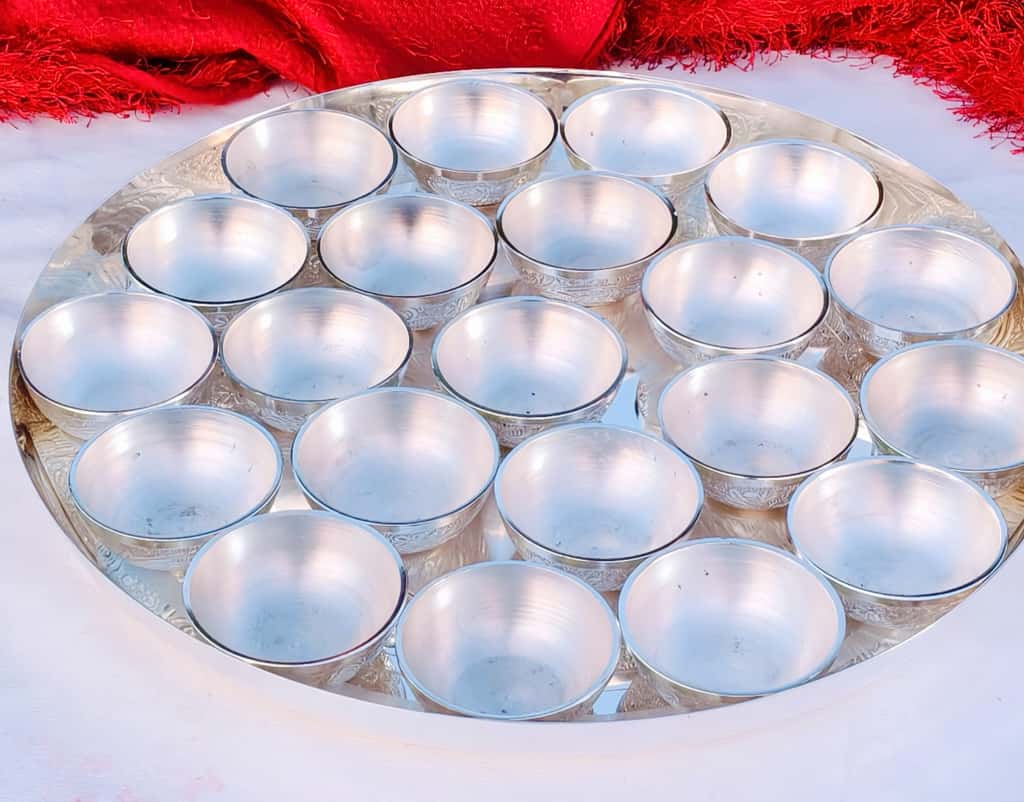 German silver bhog thali/ prasadam thali set with 21 nakkashi detachable bowl for pooja