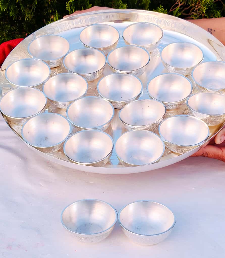 German silver bhog thali/ prasadam thali set with 21 nakkashi detachable bowl for pooja