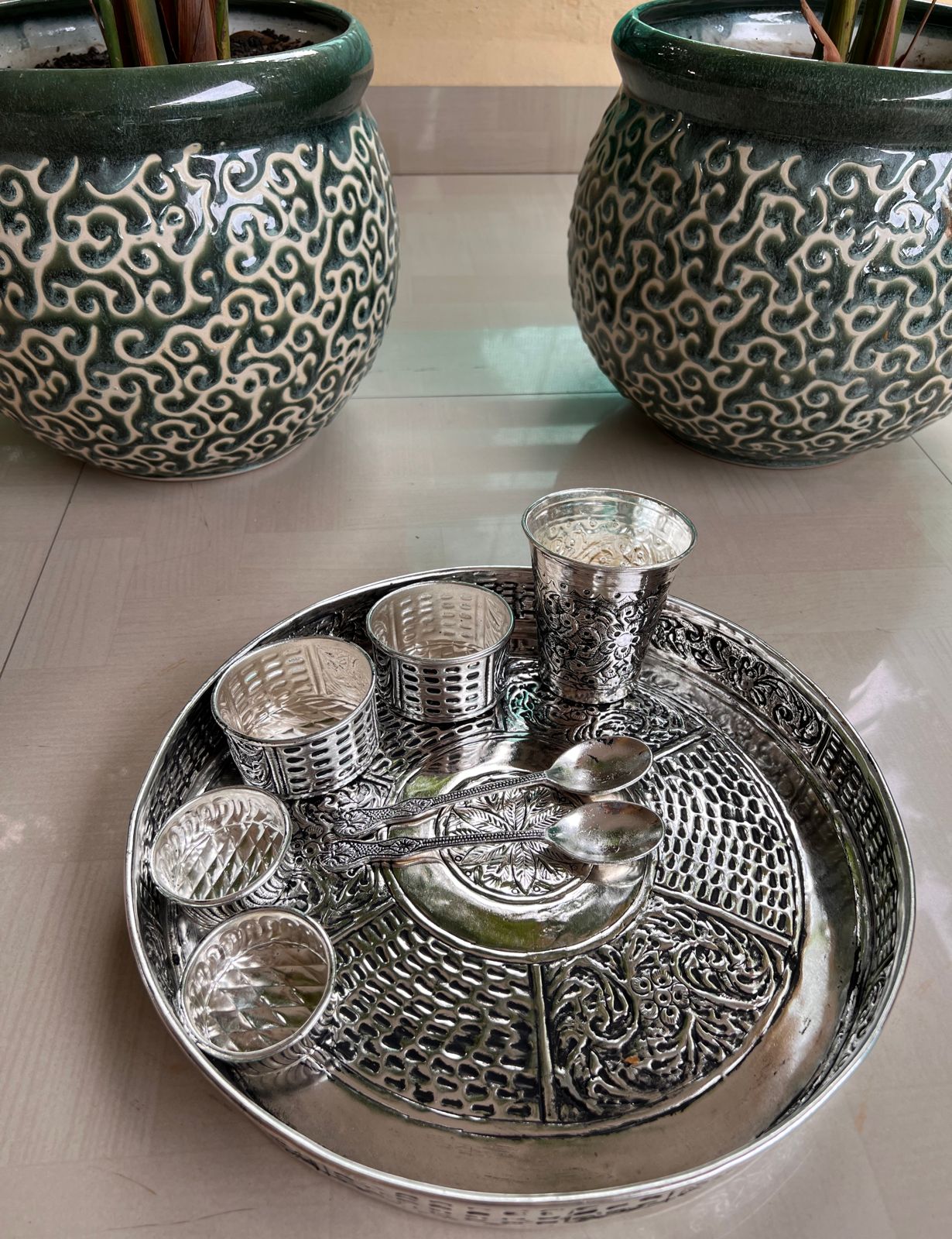 german silver antique finish DINNER SET/BHOG THAAL/ pooja thali set for diwali / housewarming pooja