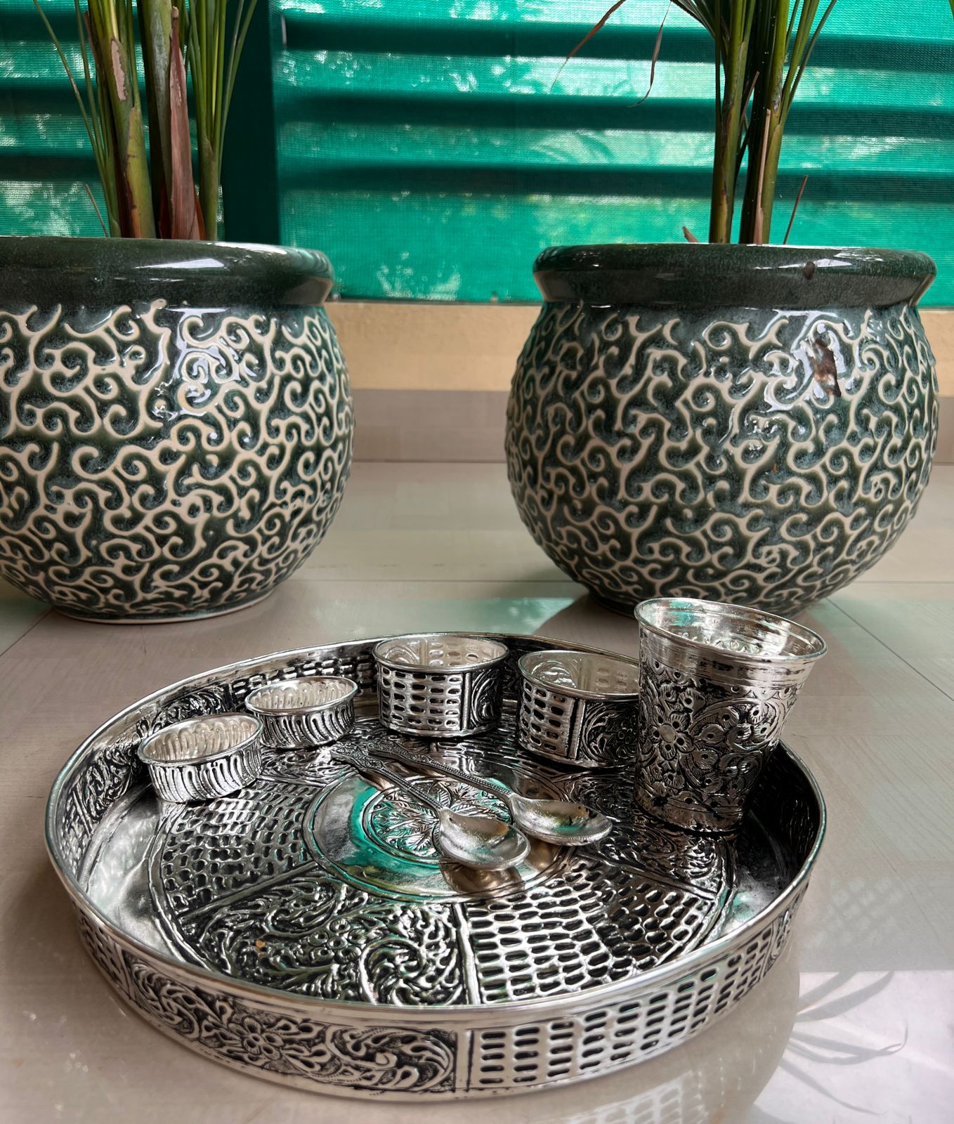 german silver antique finish DINNER SET/BHOG THAAL/ pooja thali set for diwali / housewarming pooja