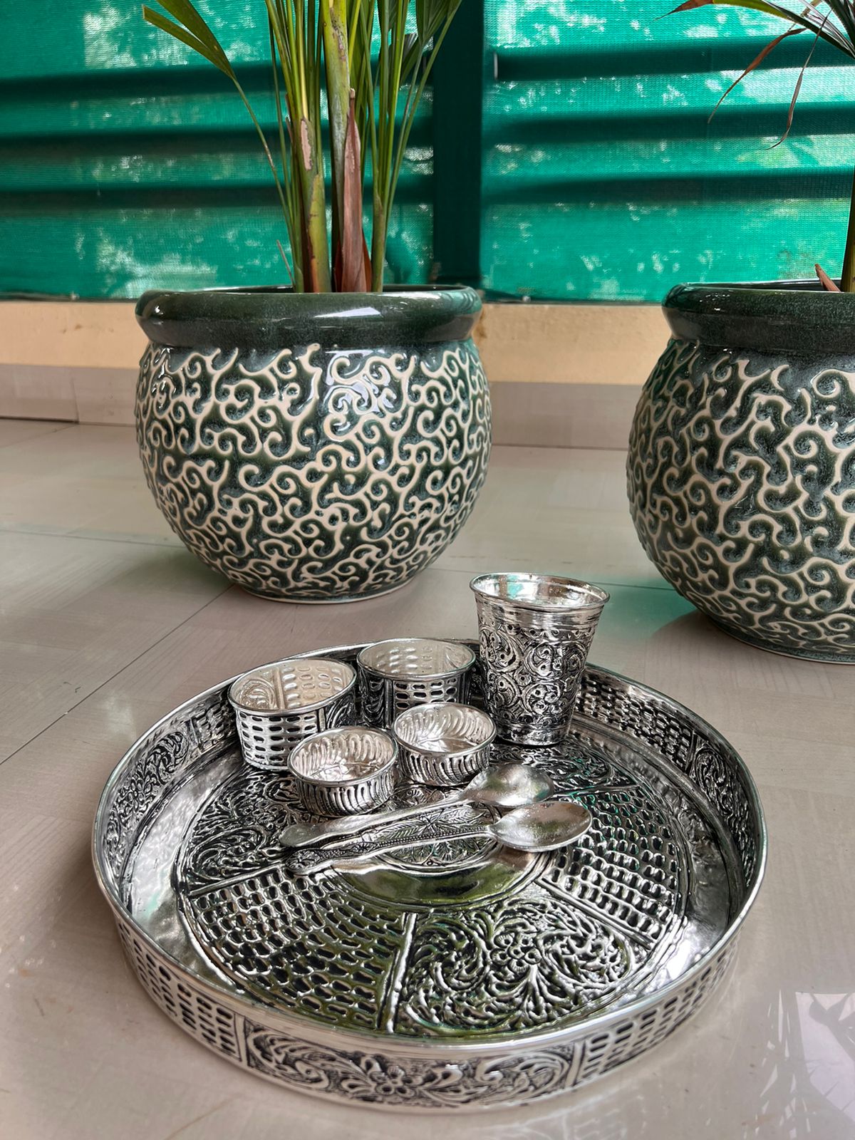 german silver antique finish DINNER SET/BHOG THAAL/ pooja thali set for diwali / housewarming pooja