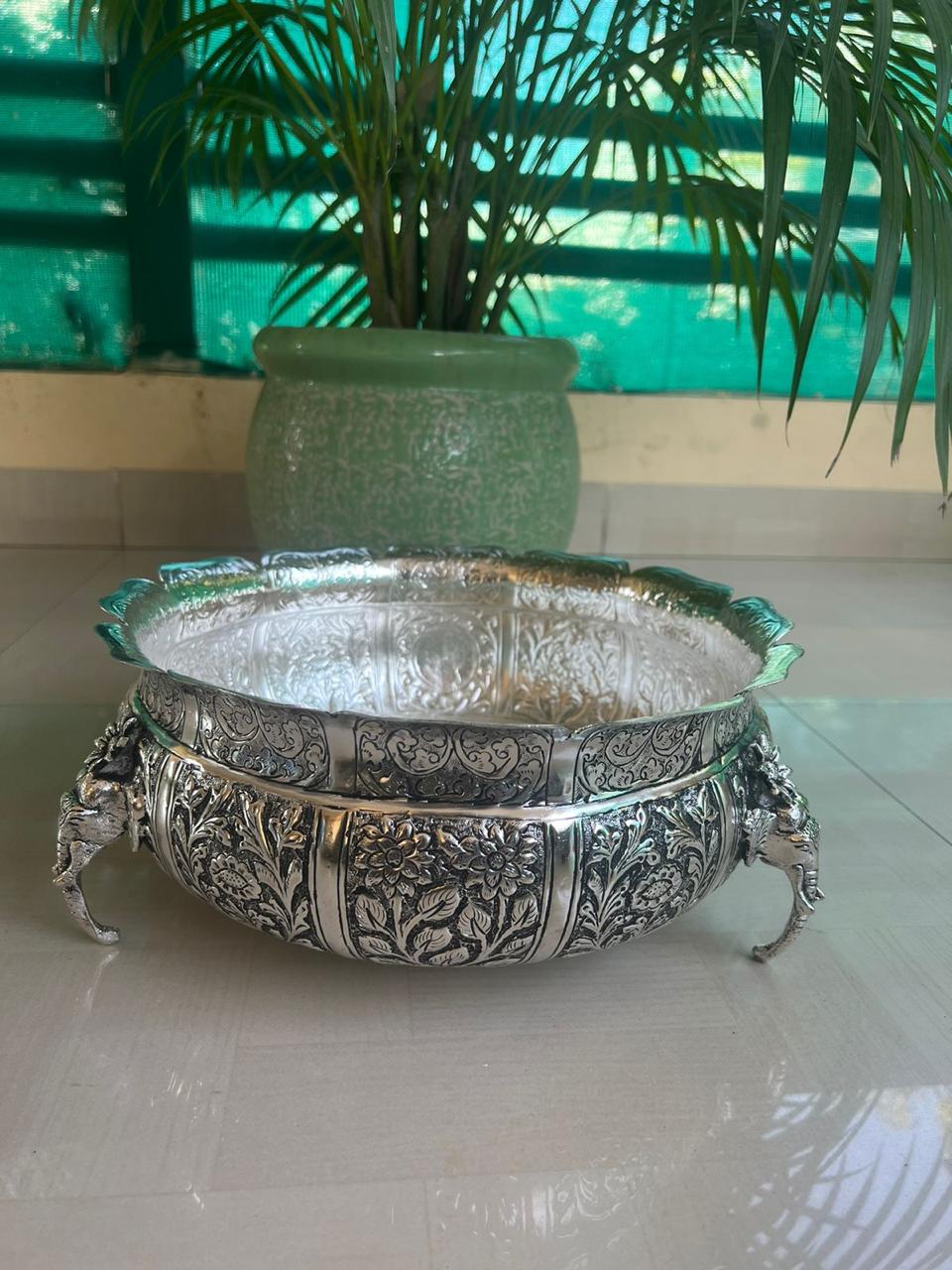 german silver Antique finish elephant urli for diwal/ home décor