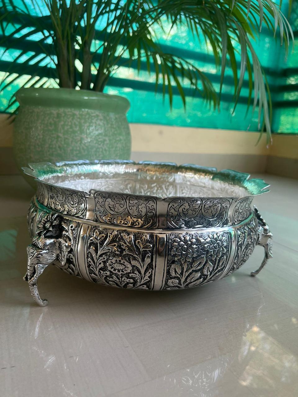 german silver Antique finish elephant urli for diwal/ home décor