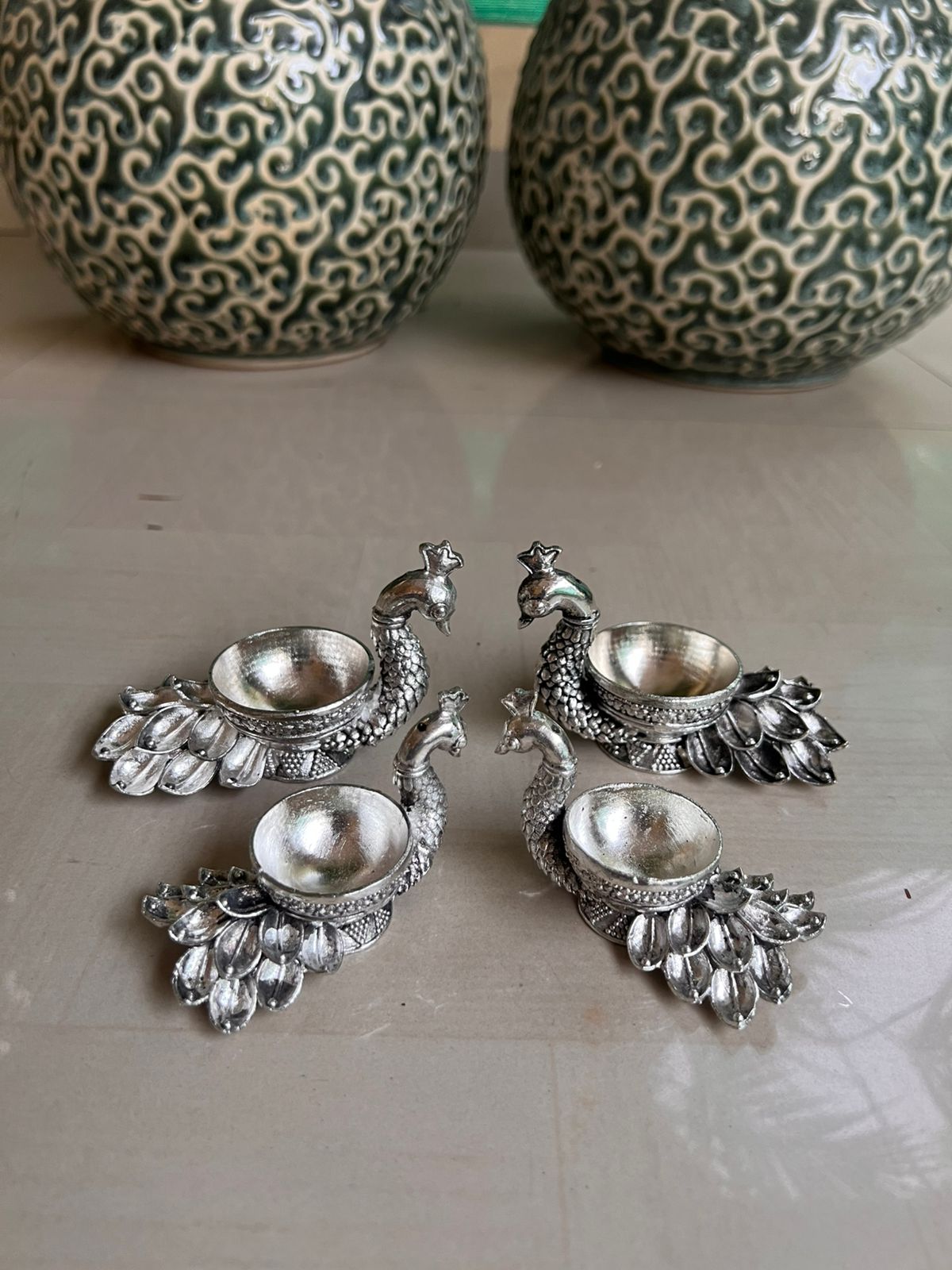german silver Peacock diya antique finished silver replica, set of 4 pieces