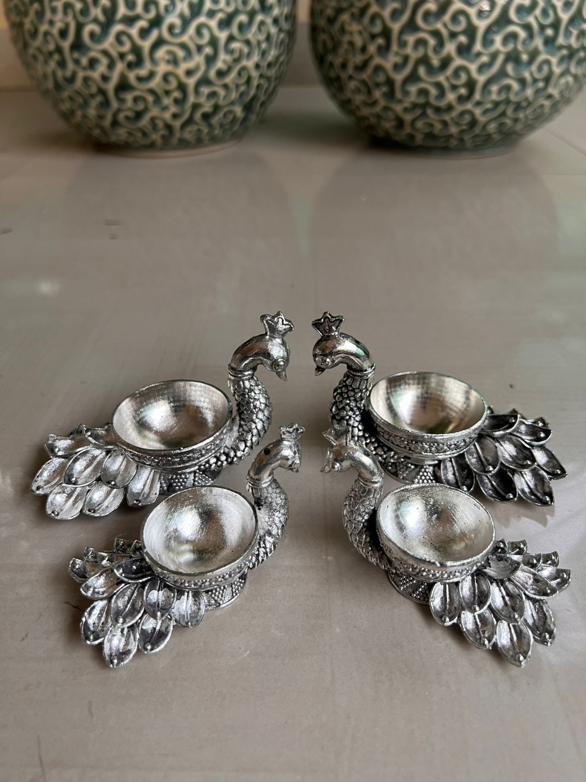 german silver Peacock diya antique finished silver replica, set of 4 pieces