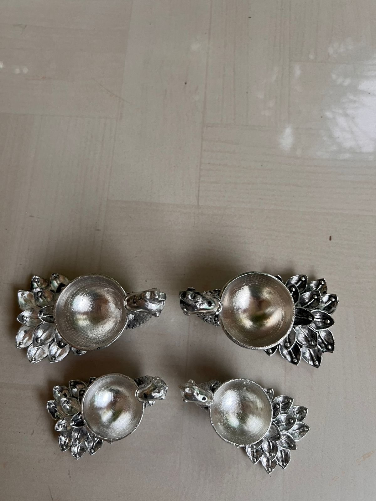german silver Peacock diya antique finished silver replica, set of 4 pieces