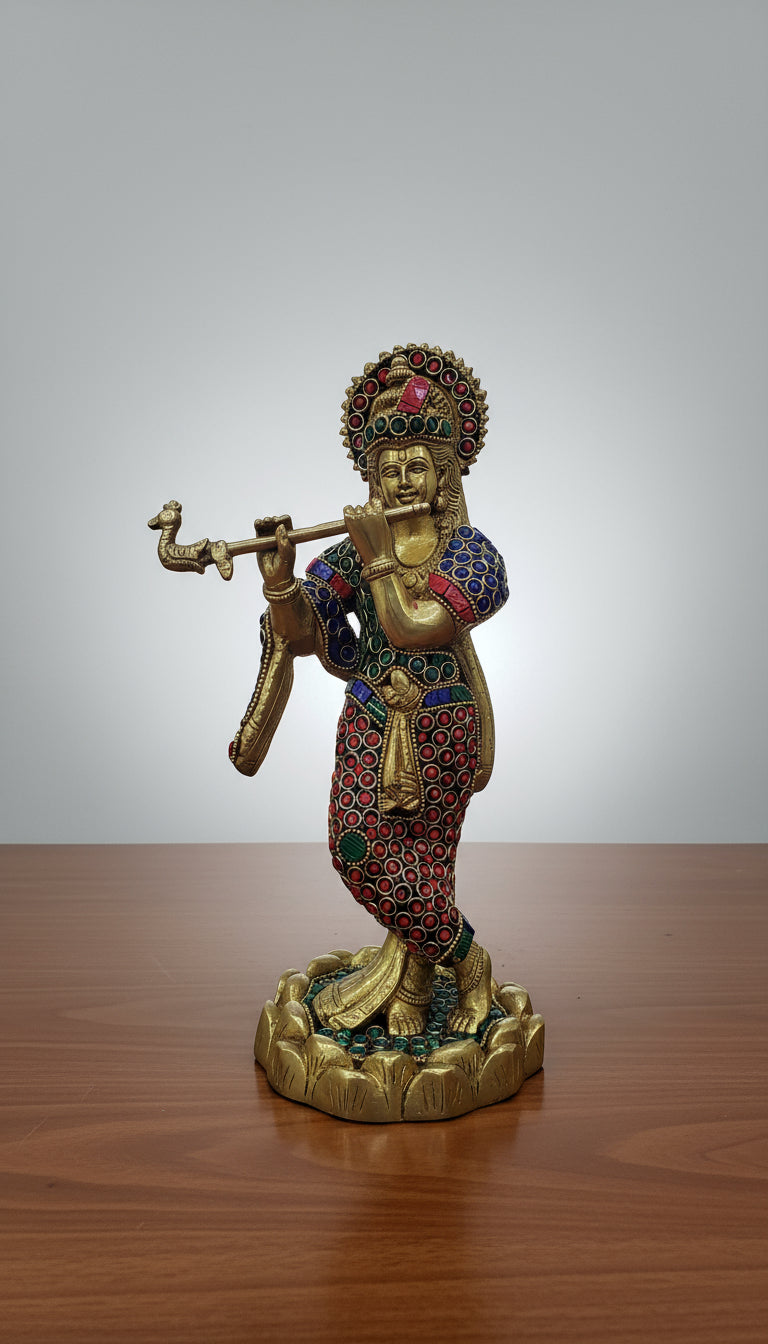 brass with stone work lord krishan playing flute for home décor/ gift item