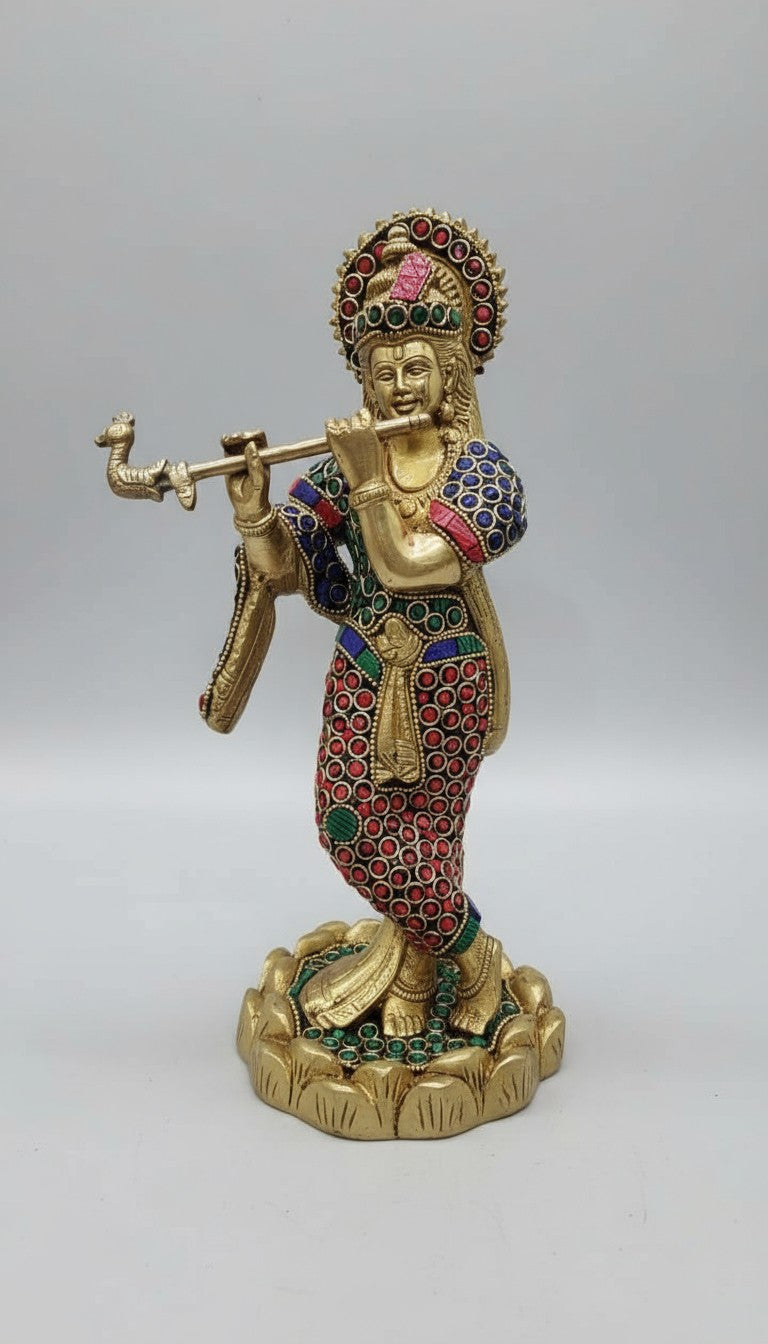 brass with stone work lord krishan playing flute for home décor/ gift item