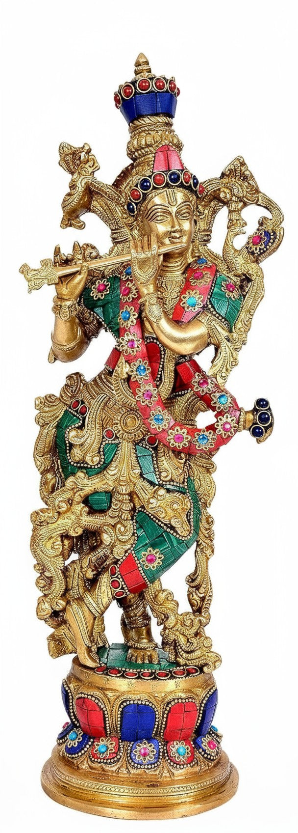 brass with stone work lord krishan playing flute for home décor/ gift item, 15"