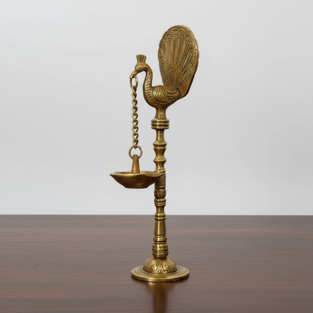 brass set of 2 peacock oil lamp/ diya for home temple/ gift item