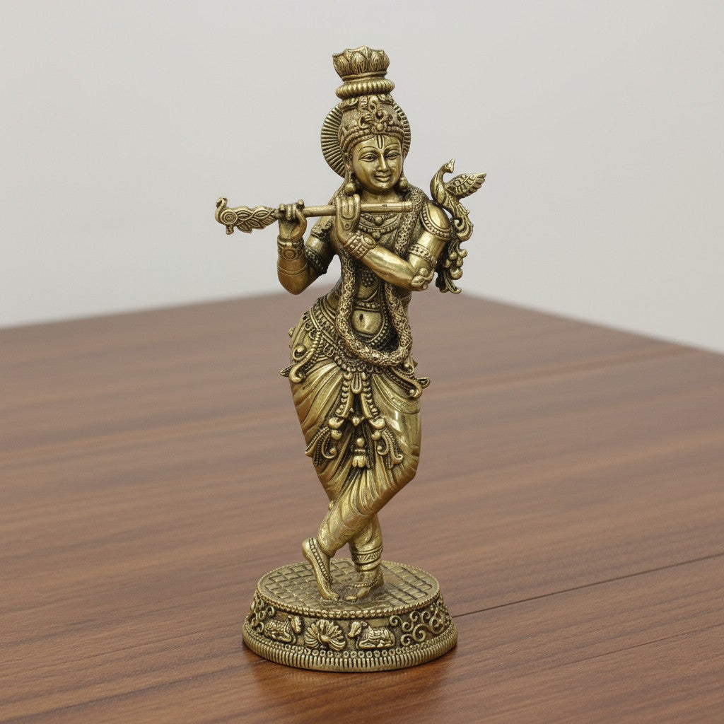 Brass fully carved krishan statue playing flute for home temple/ gift item
